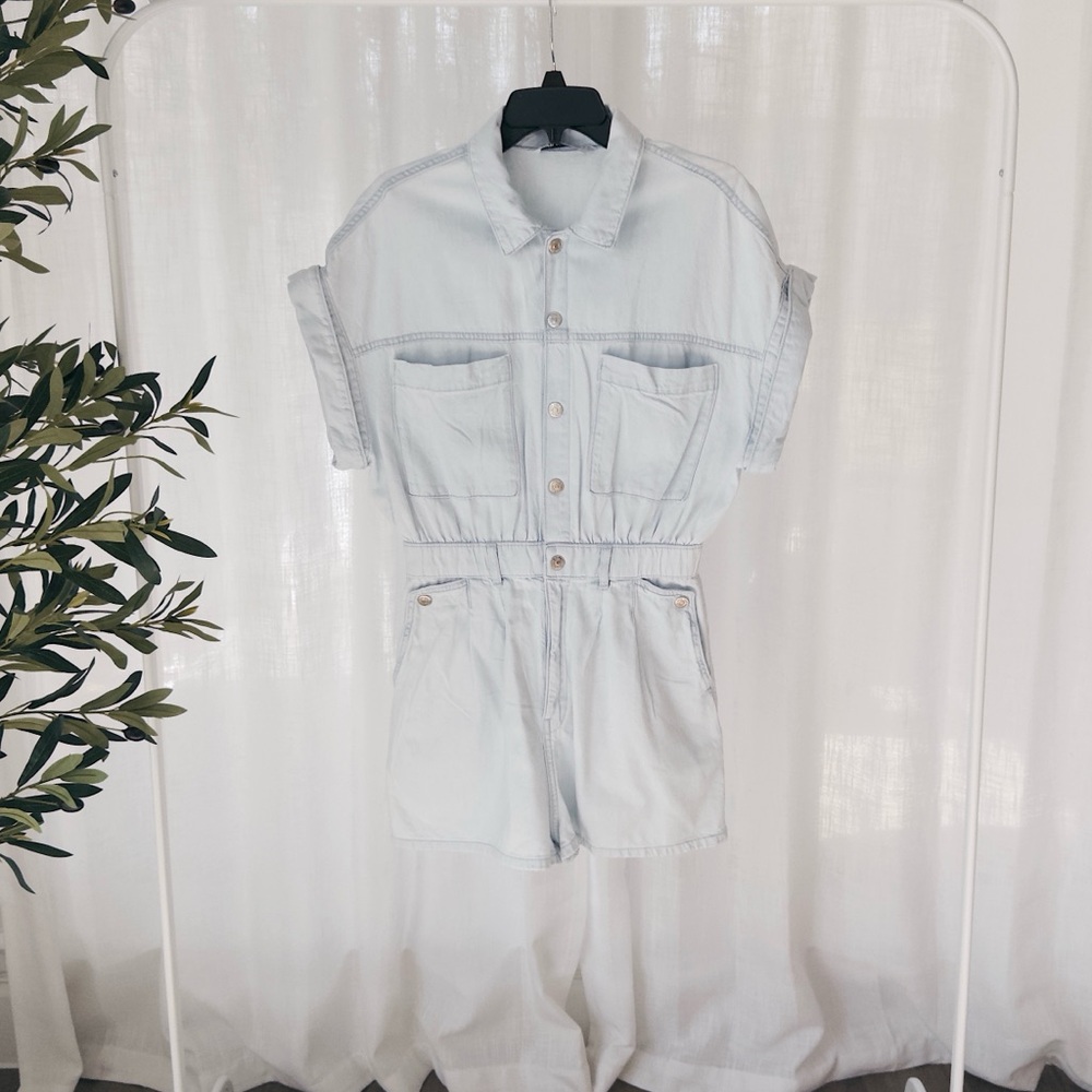 Zara Light Blue Short Sleeve Denim Romper